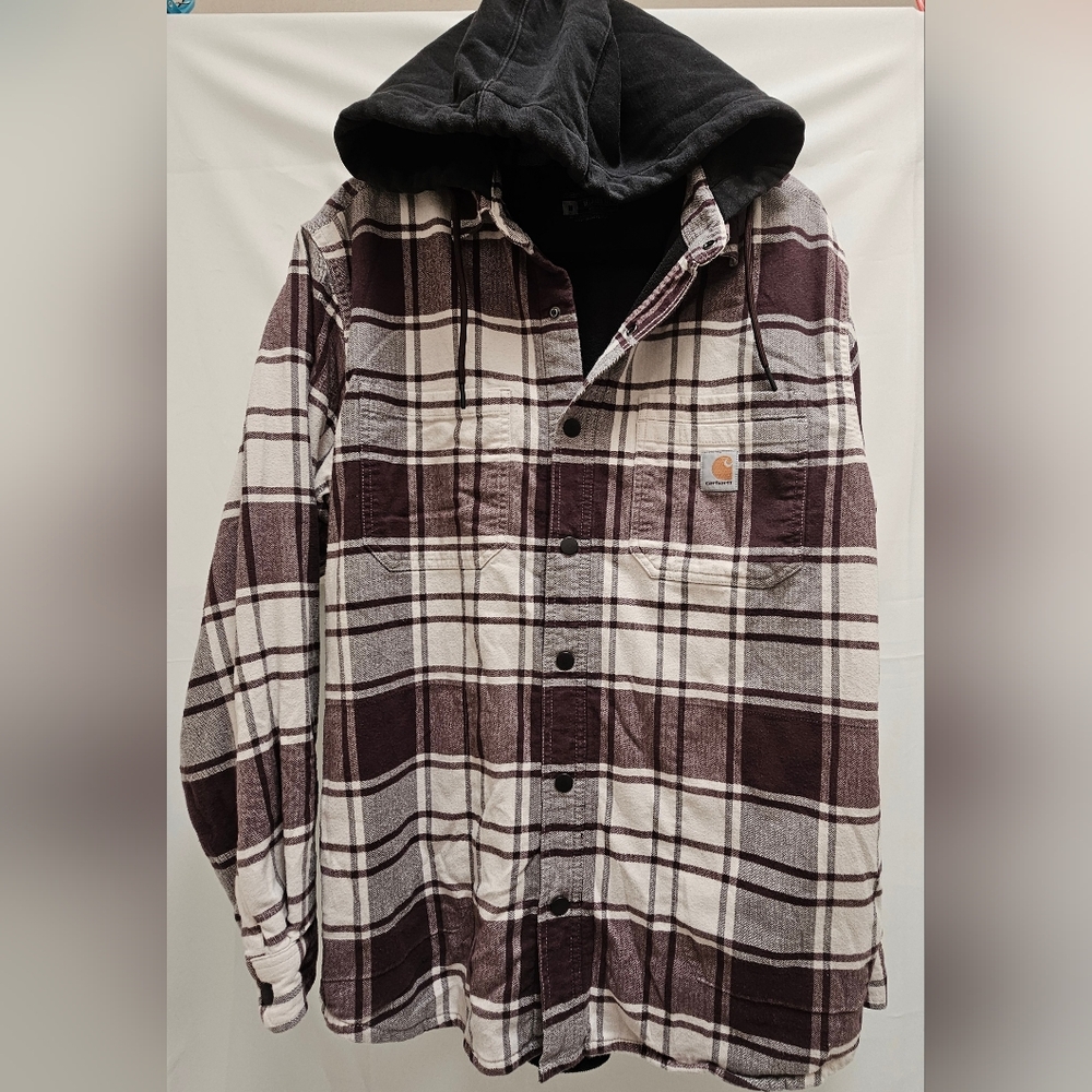 Carhartt Men’s Flannel Shirt Jacket  Plaid Burgundy White Hoodie Size Medium